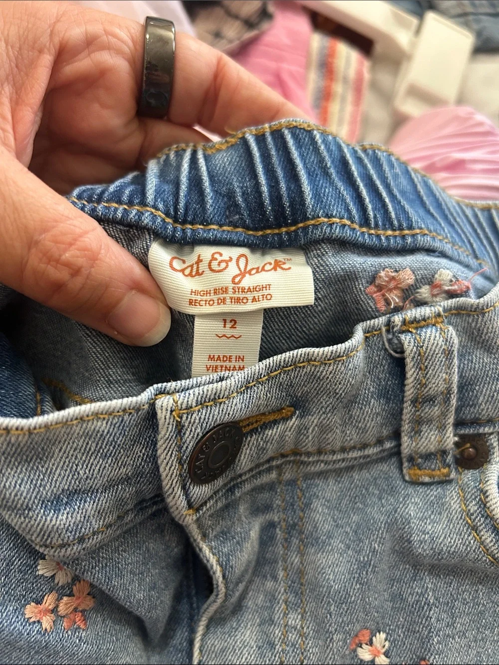 Cat & Jack Light Blue Straight-Leg Jeans with Pink Floral Embroidery